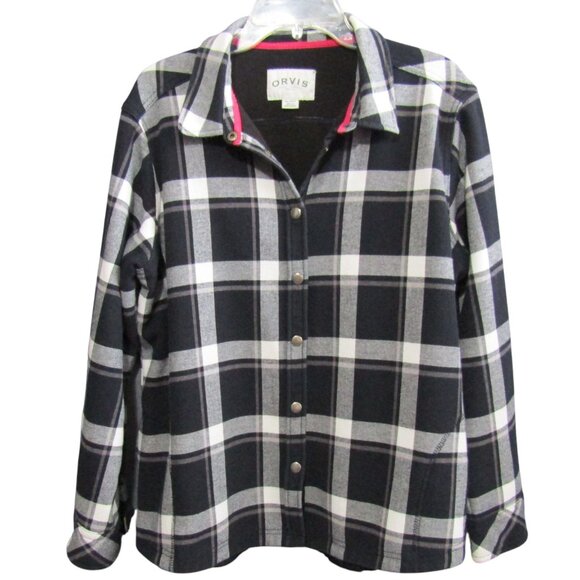 Orvis Black White Plaid Flannel Shirt Shacket Womens XXL Fleece Lined Snap Front - Picture 2 of 11